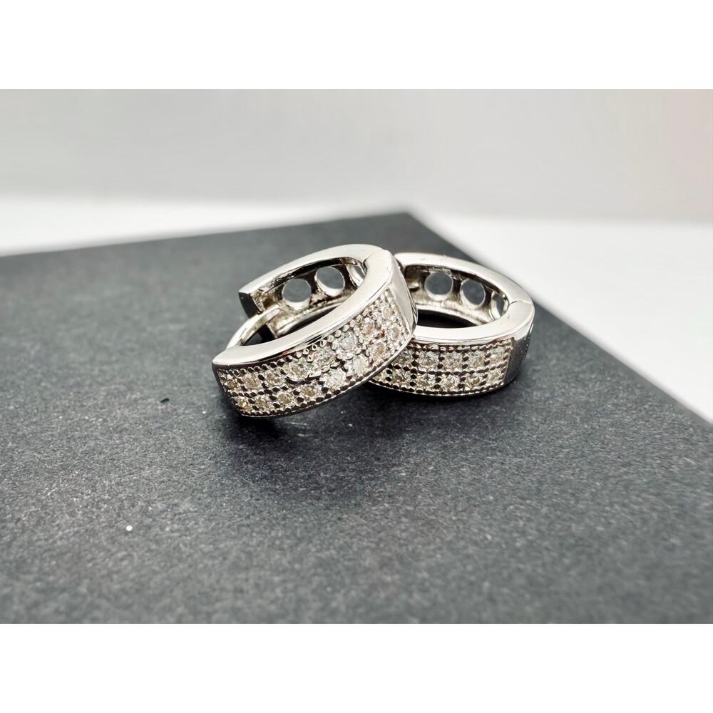 Sterling Silver 925 Pave Huggie Hoop Earrings • Small Round Hoops